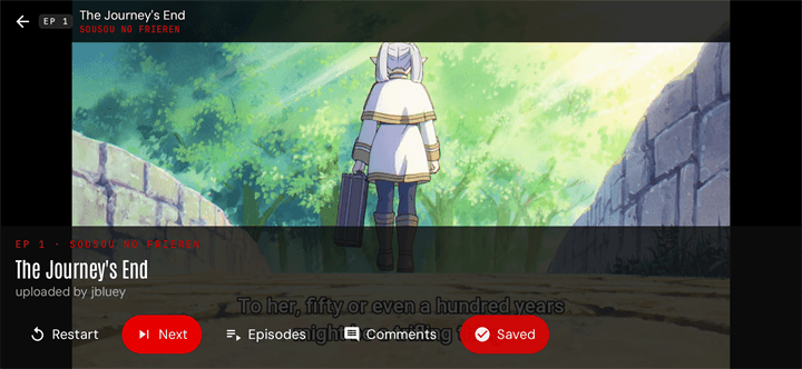 Watch player landscape — Sousou no Frieren EP 1 with Restart / Next / Episodes / Comments / Saved HUD