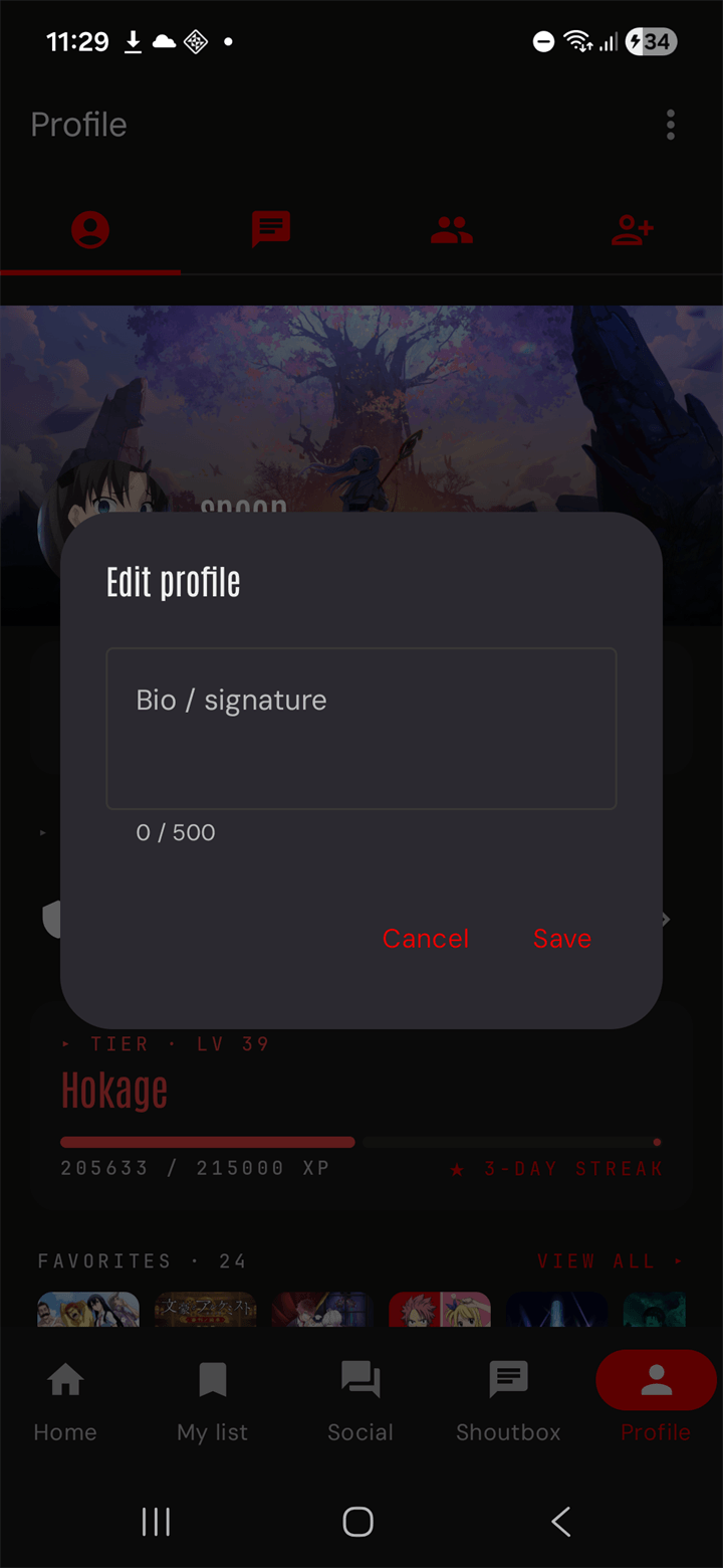 Edit profile dialog — Bio / signature, 0/500 character counter, Cancel and Save