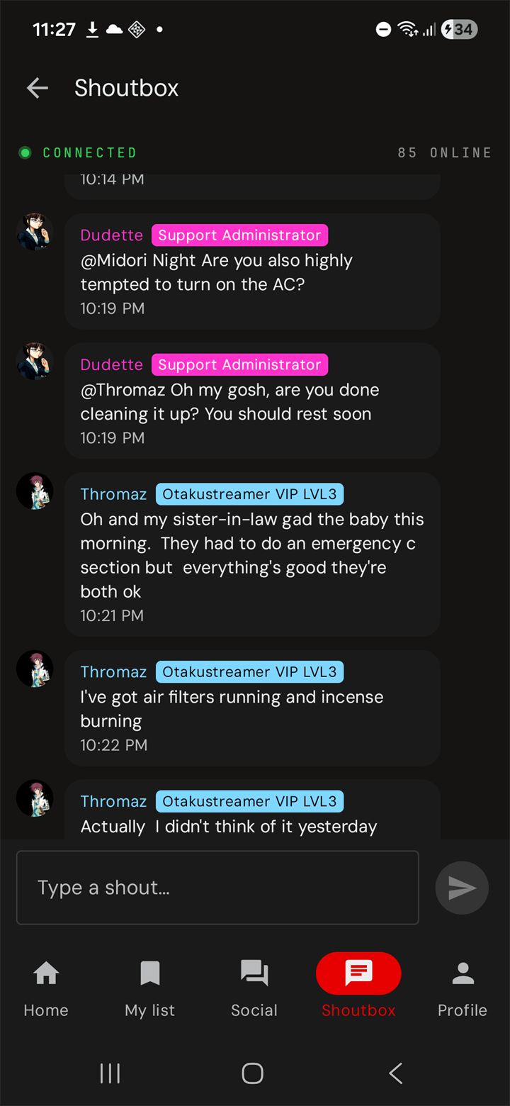 Shoutbox scrolled — role pills for Support Administrator and Otakustreamer VIP